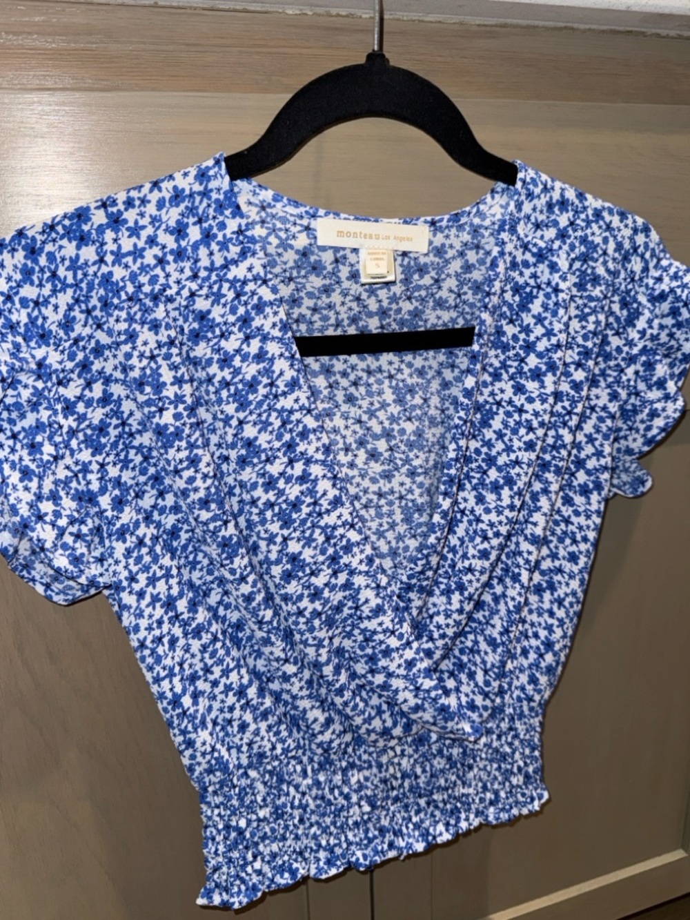 Monteau White and Blue Floral Wrap-Style Crop Top